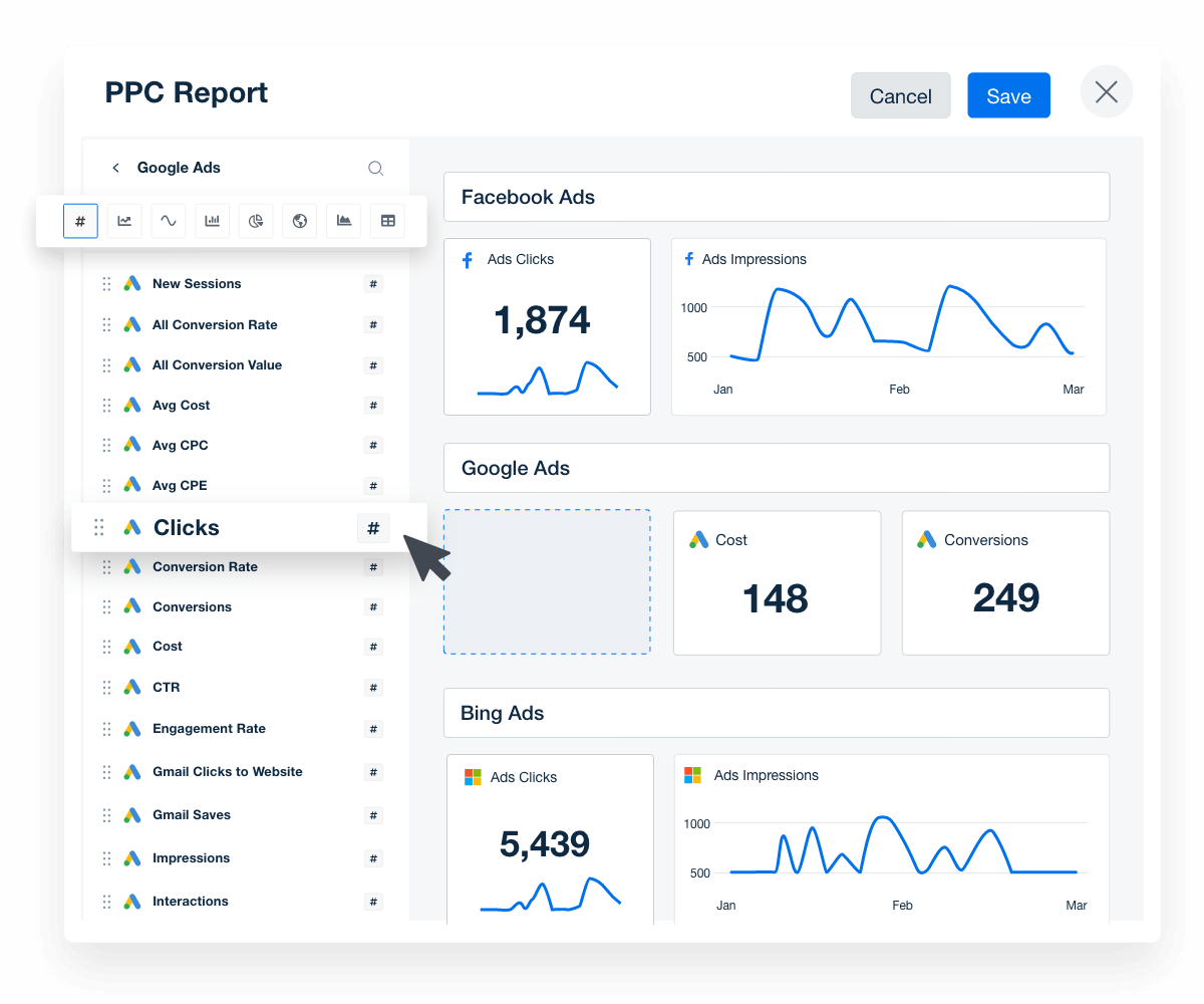 A screenshot of a custom report being created in AgencyAnalytics