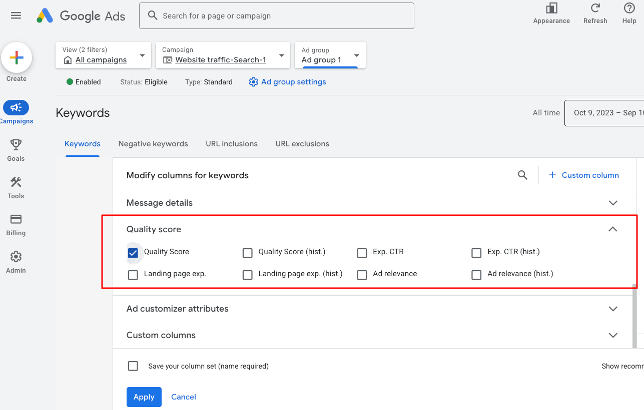 Google Ads - Quality Score option Google Ads - Quality Score option