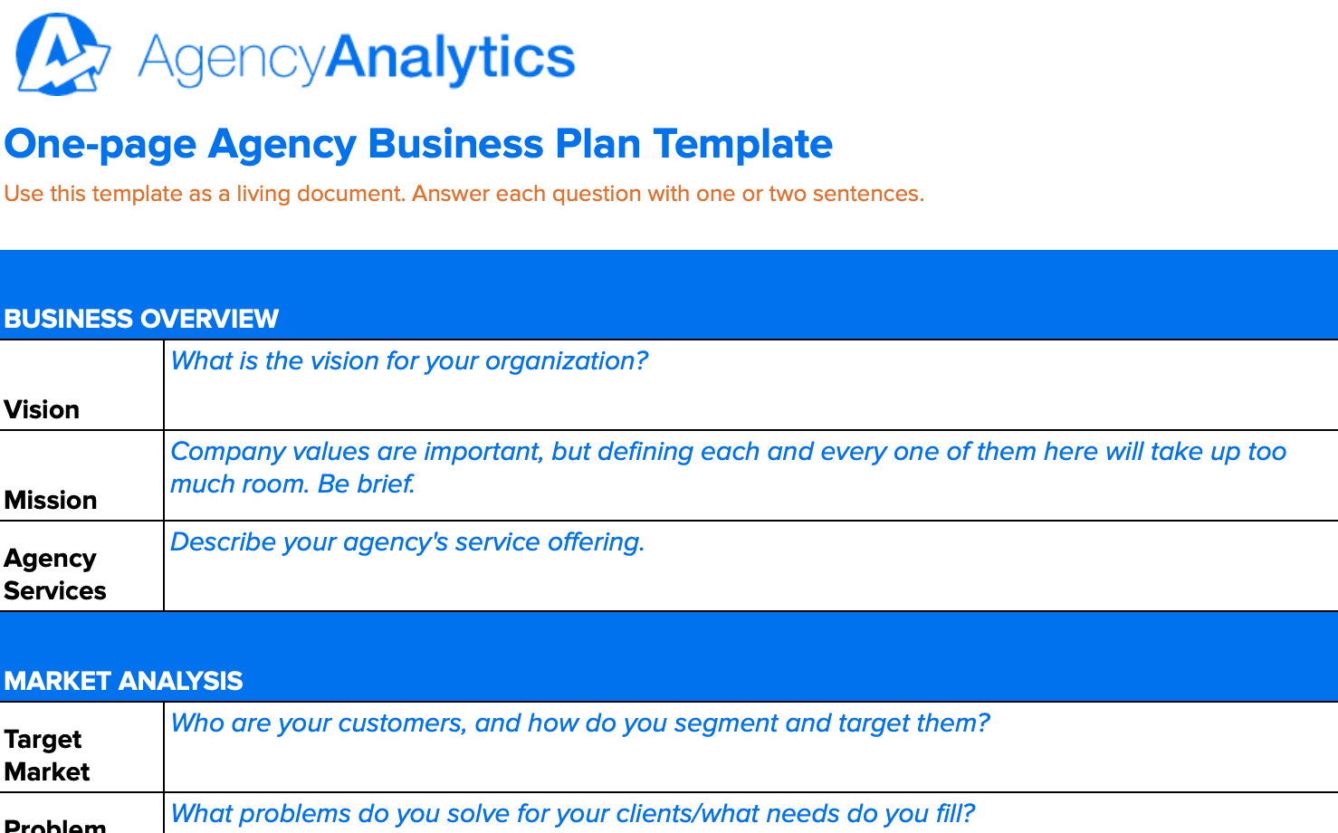 One page agency business plan template preview