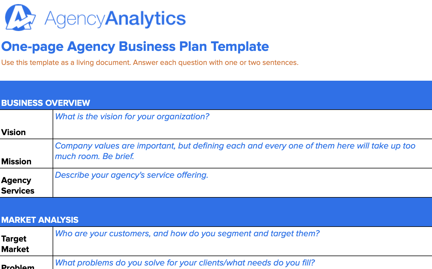 One page agency business plan template preview