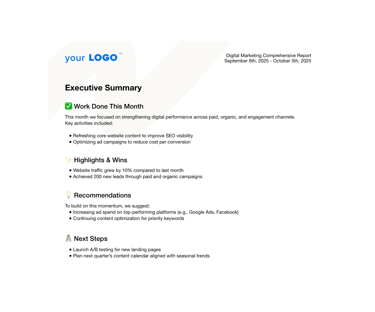 A screenshot of a Report Summary from the digital marketing report template A screenshot of a Report Summary from the digital marketing report template