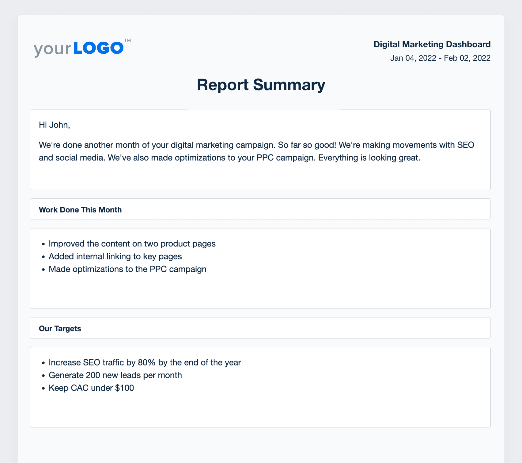 A screenshot of a Report Summary from the digital marketing report template