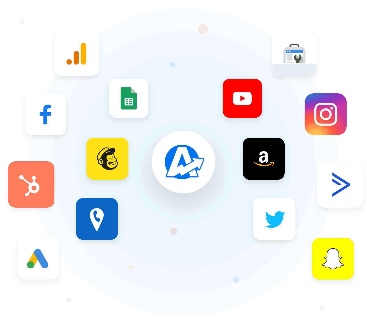 An illustration of the 80 marketing integrations available in the drag-and-drop report builder