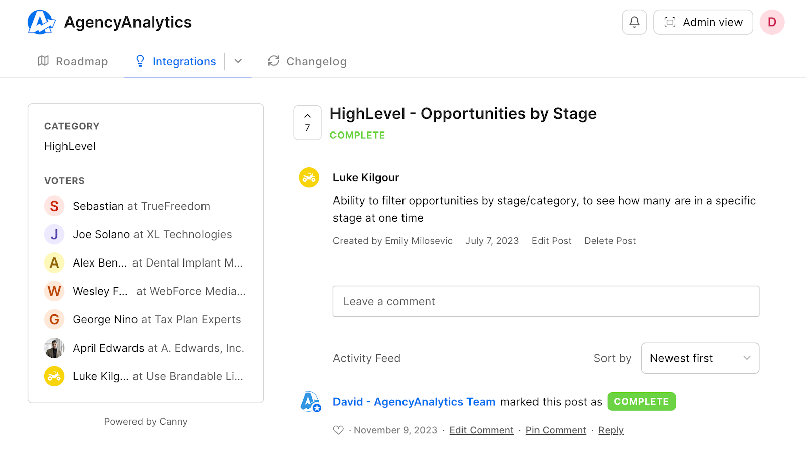 Integrations admin view example