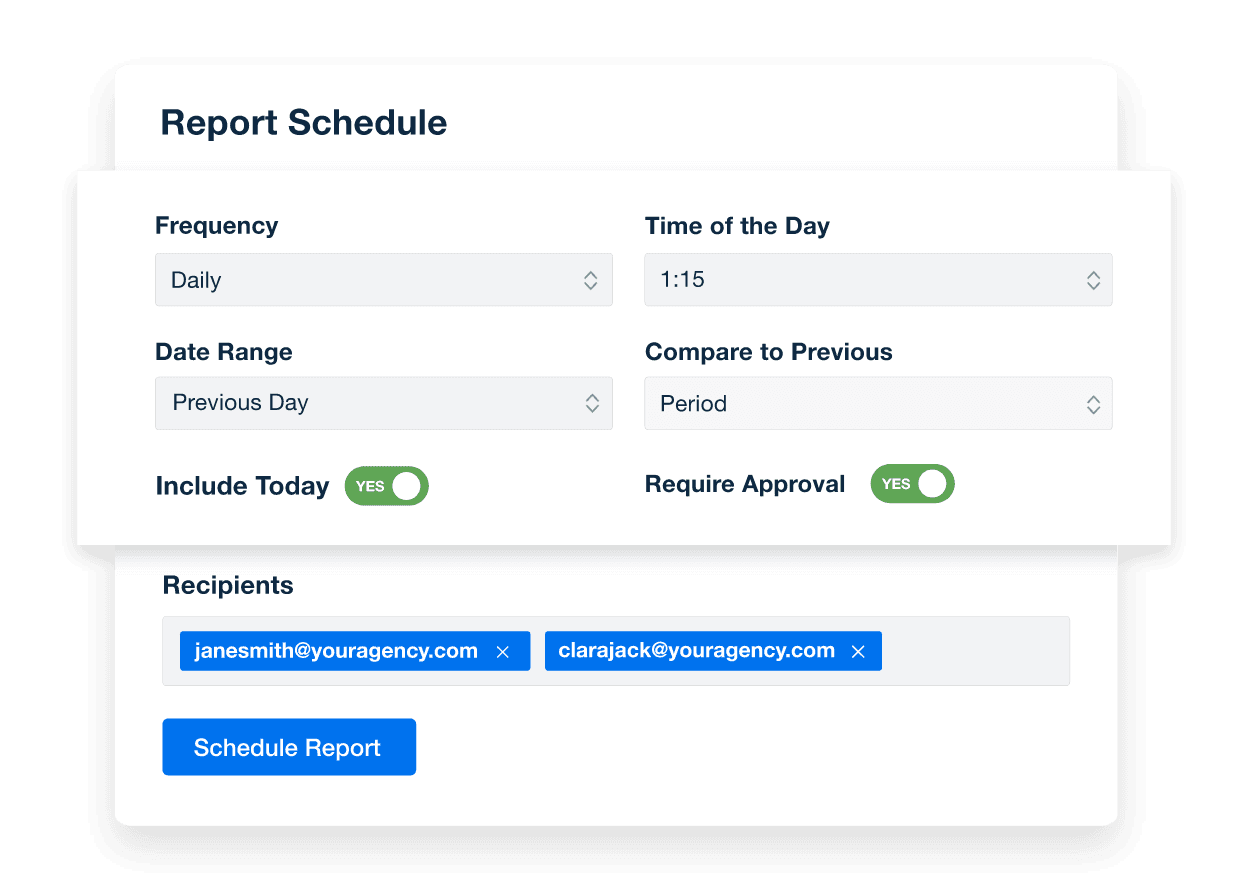 Report scheduling feature inside the AgencyAnalytics automated client reporting platform Report scheduling feature inside the AgencyAnalytics automated client reporting platform