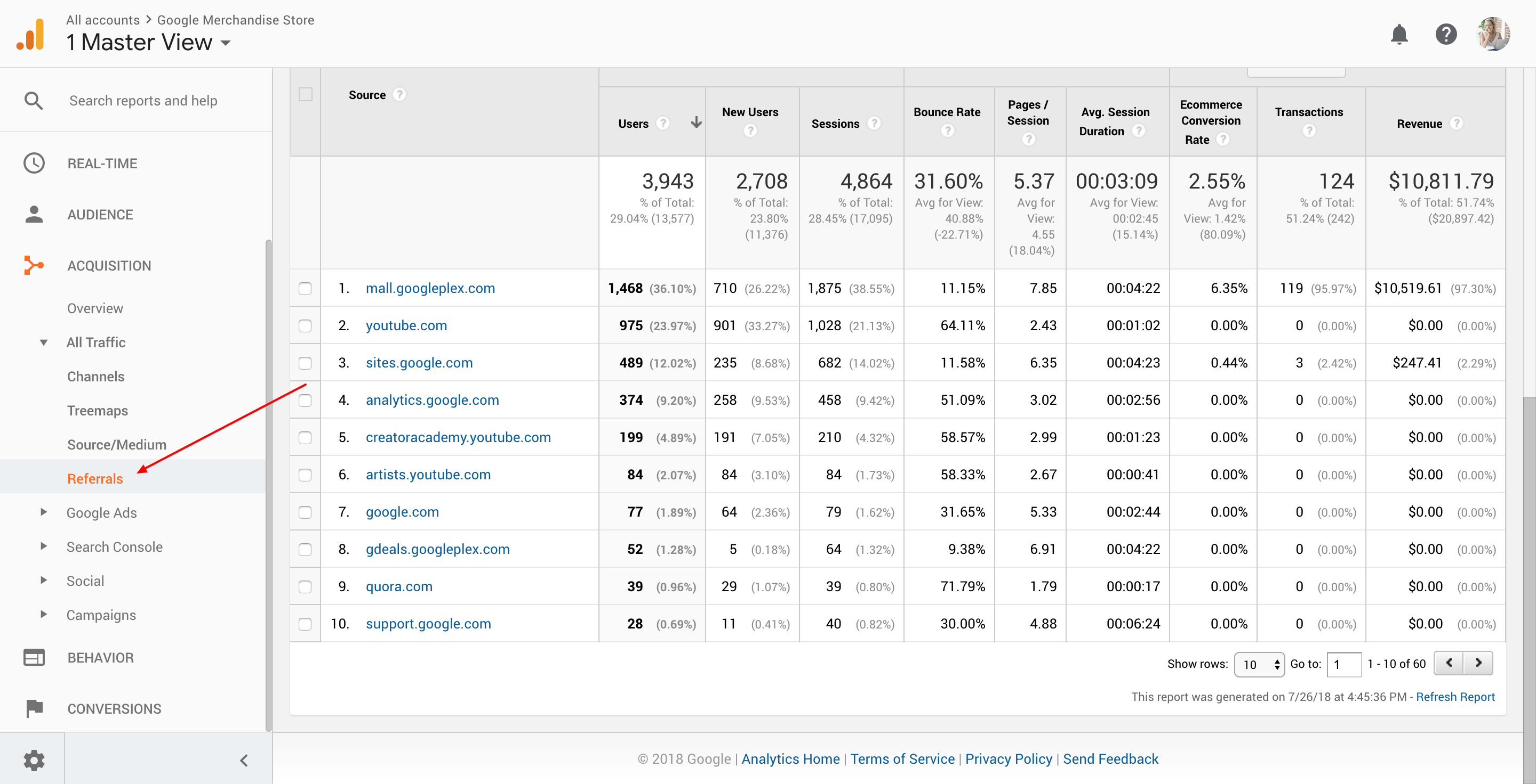 Google Referral Traffic Report Example