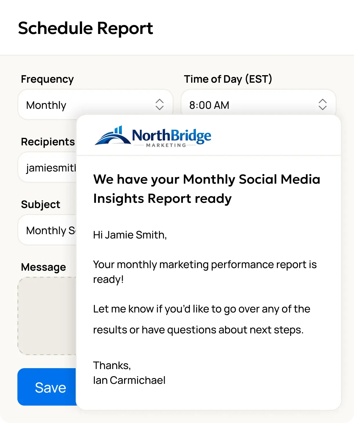 An image illustrating the ability to deliver client reports manually or automatically via Email