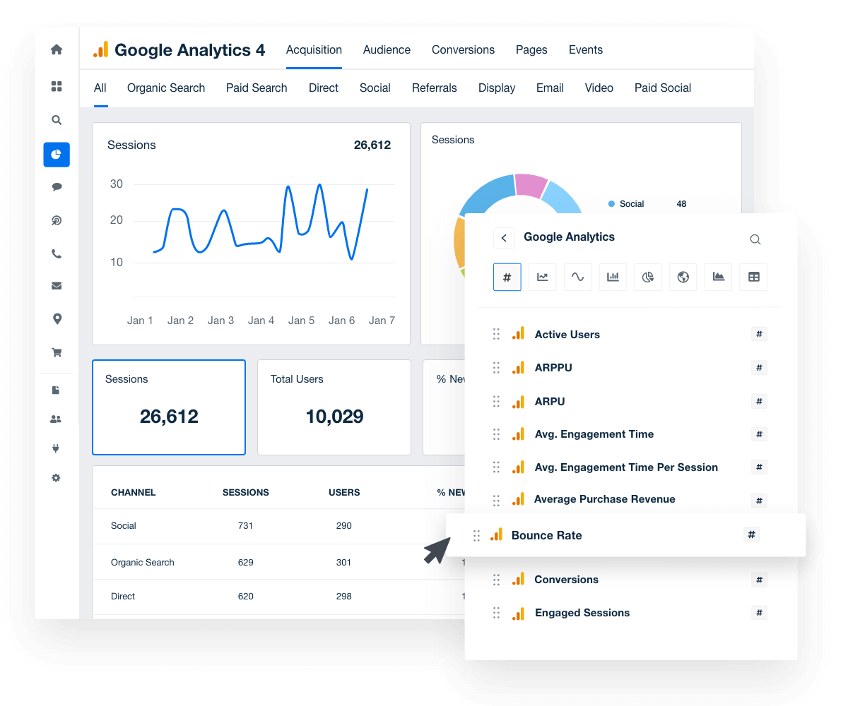 Connect your clients’ Google Analytics 4 data streams to a single platform.