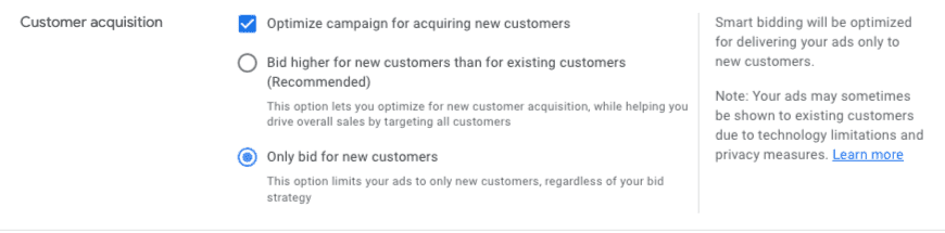 Select customer acquisition goals in Google Ads Performance Max to optimize new customer bids