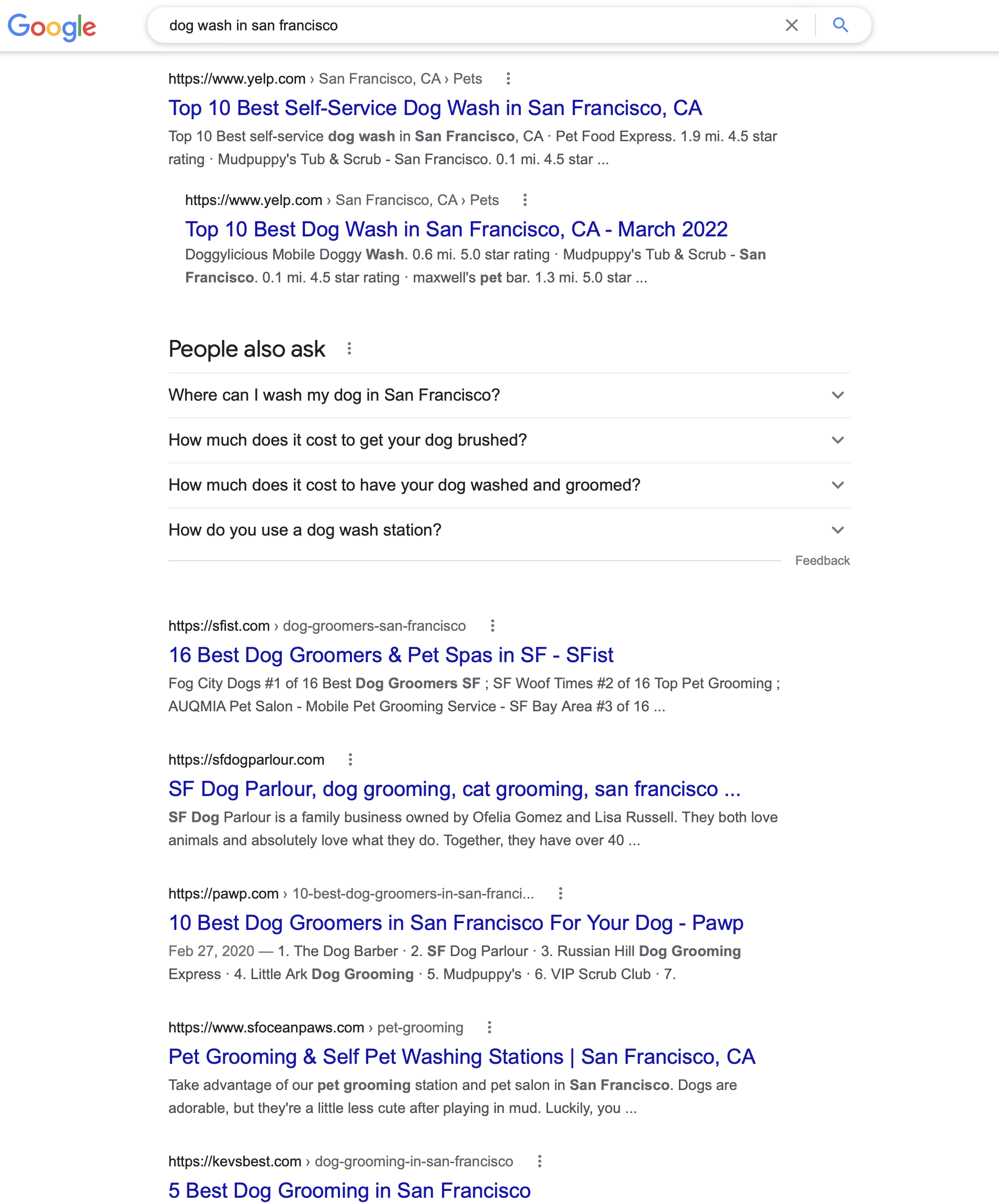 google keyword search example of dog wash in san francisco