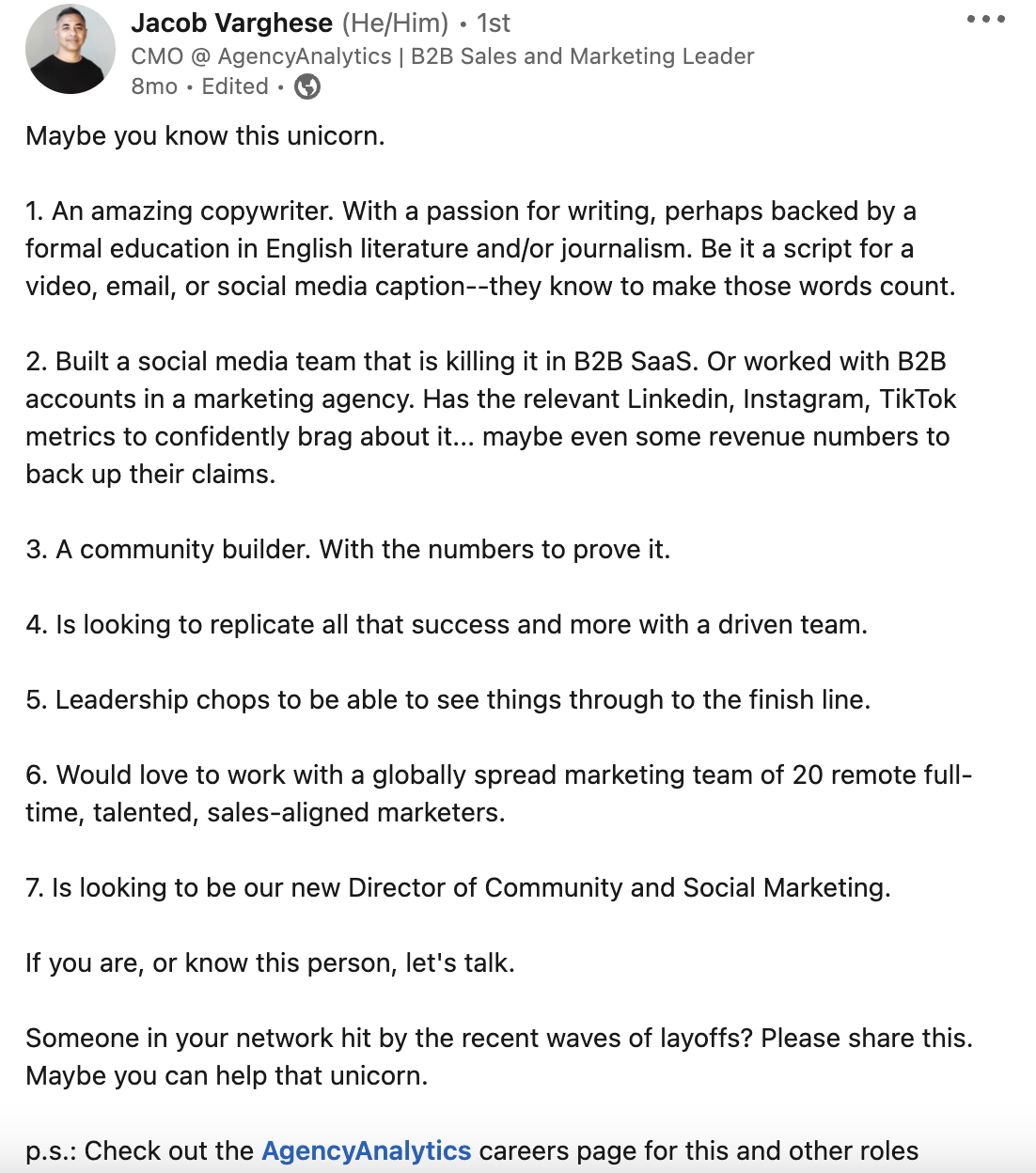 Example of a LinkedIn post from a CMO who is doing recruitment marketing for a company  Example of a LinkedIn post from a CMO who is doing recruitment marketing for a company