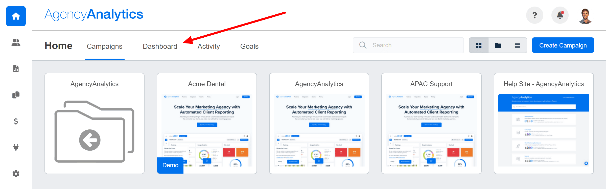 Screenshot of the AgencyAnalytics Dashboard Section