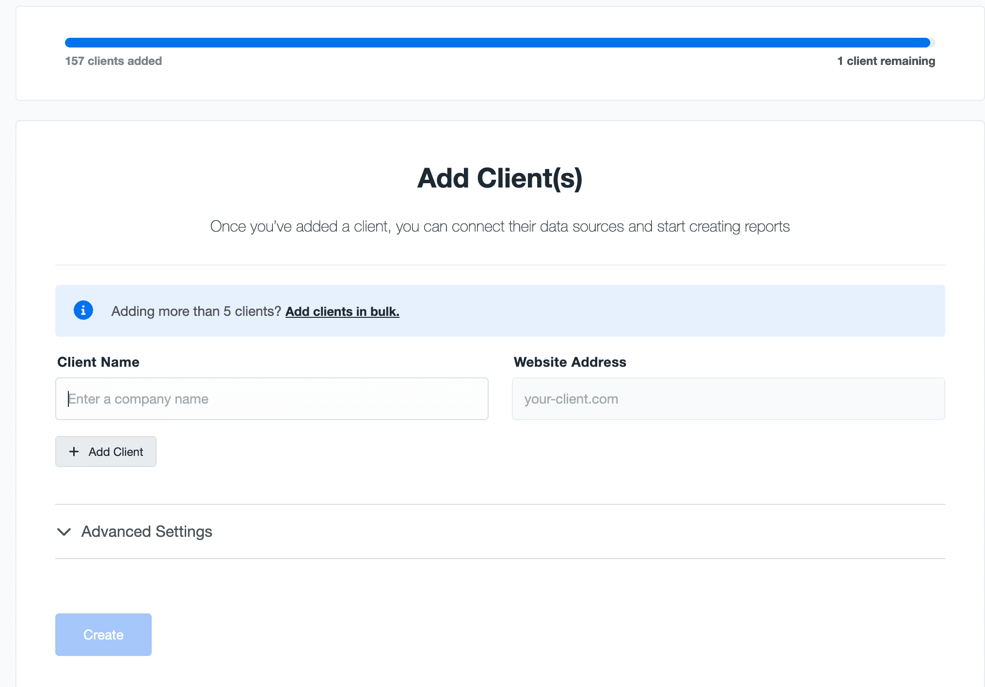 Screenshot of the "Add Client" page in the AgencyAnalytics platform. Screenshot of the "Add Client" page in the AgencyAnalytics platform.