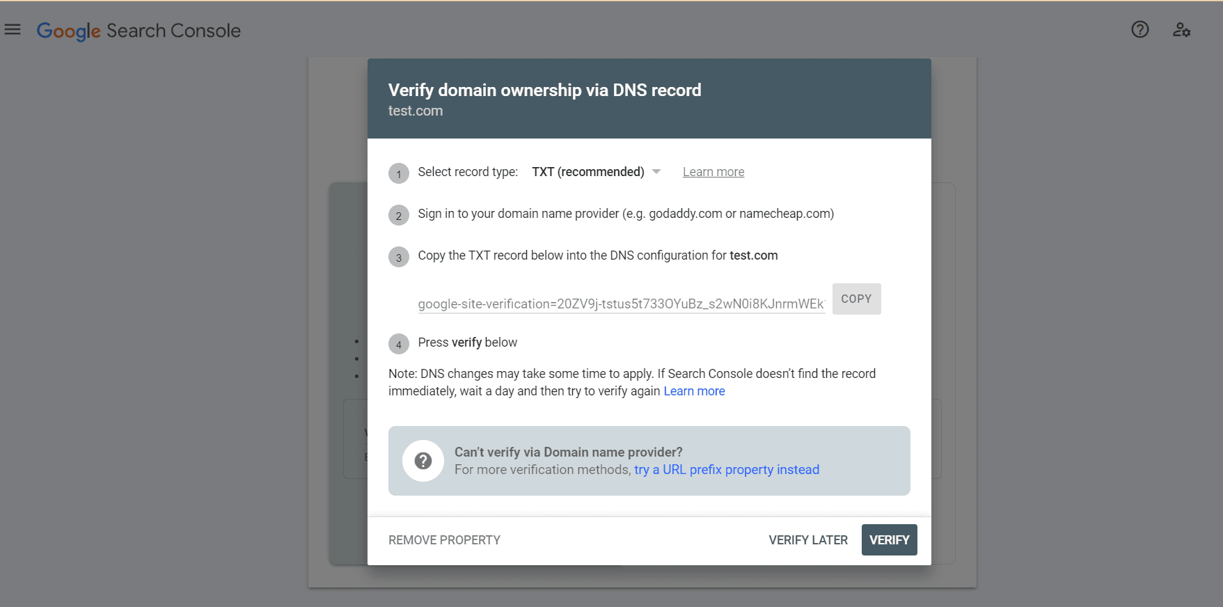 Google Search Console domain verification screen Google Search Console domain verification screen