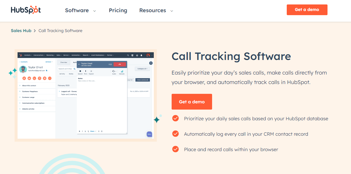 HubSpot Call Tracking Software Page Screenshot