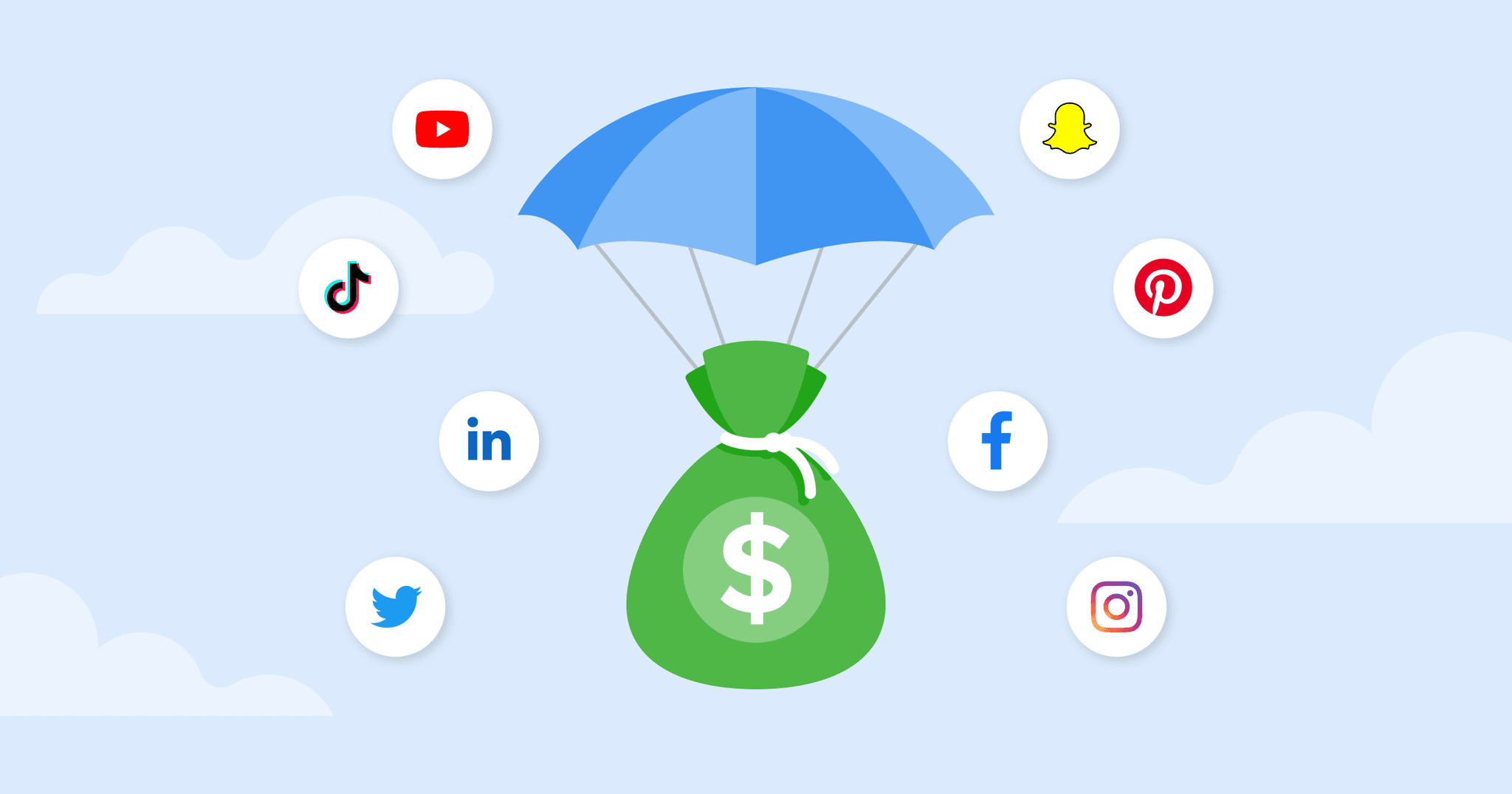 social media reporting how much to charge for social media with a parachute holding a bag of cash and logos of social media platforms floating around