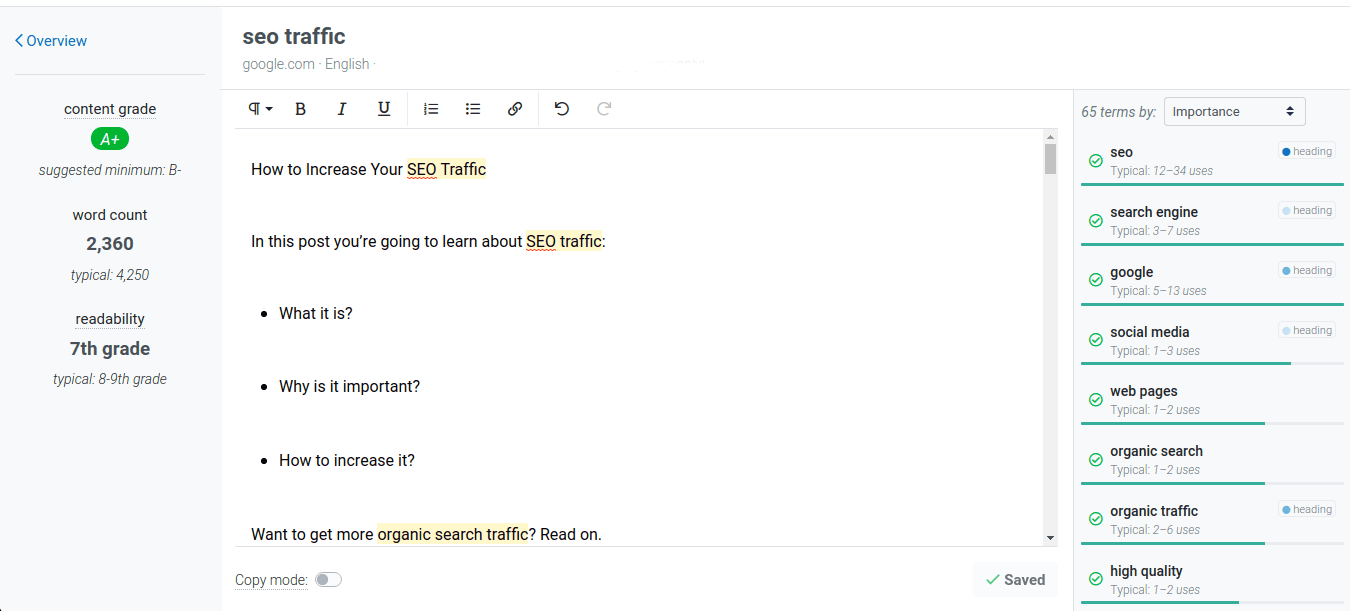 SEO traffic content grader example SEO traffic content grader example
