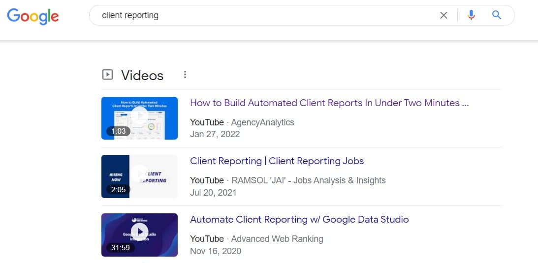 YouTube Video SERP Results Example