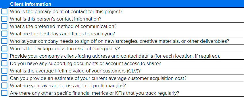Example Client Information Questions from the Client Onboarding Questionnaire Template Example Client Information Questions from the Client Onboarding Questionnaire Template
