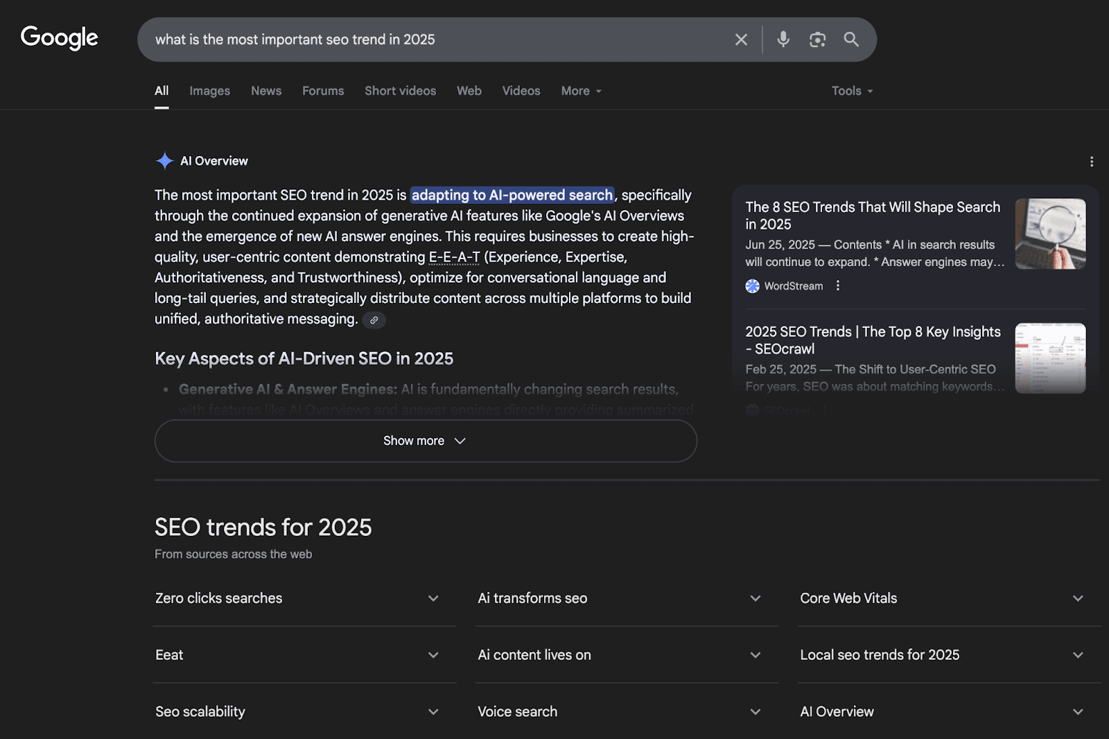 Image showing AI overview results for a search about "what is the most important seo trend in 2025" Image showing AI overview results for a search about "what is the most important seo trend in 2025"