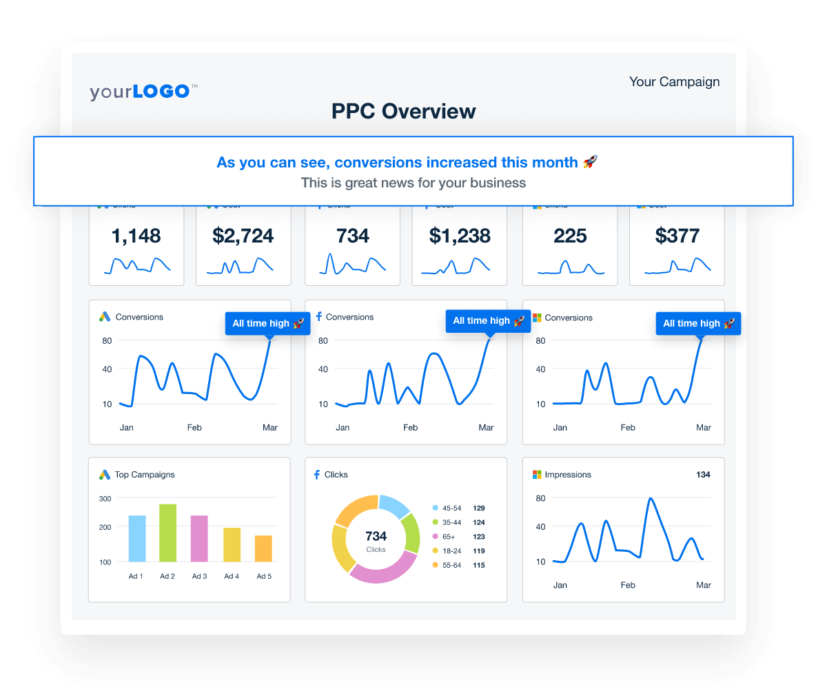 A screenshot showing highlighted improvements in a custom AgencyAnalytics PPC report