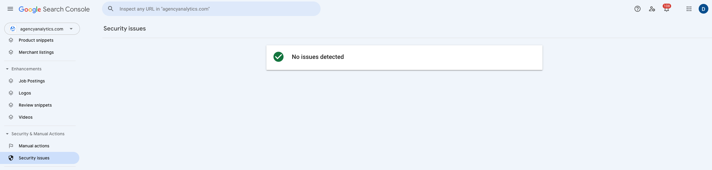 Navigation for checking a website's potential security issues in Google Search Console.