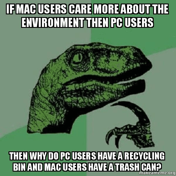 pc vs mac dinosaur meme where one has a trash can and the other has a recycling bin 