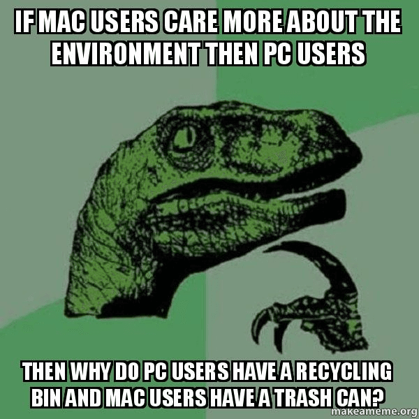 pc vs mac dinosaur meme where one has a trash can and the other has a recycling bin pc vs mac dinosaur meme where one has a trash can and the other has a recycling bin