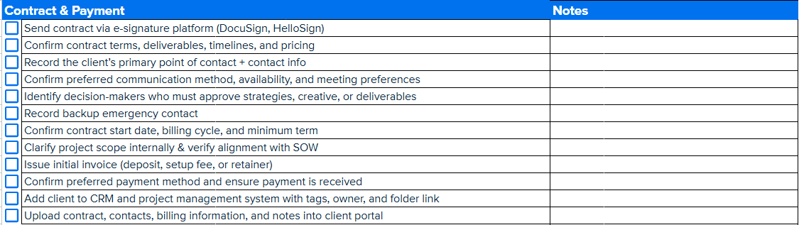 An example of the contract and payment section from a client onboarding checklist An example of the contract and payment section from a client onboarding checklist