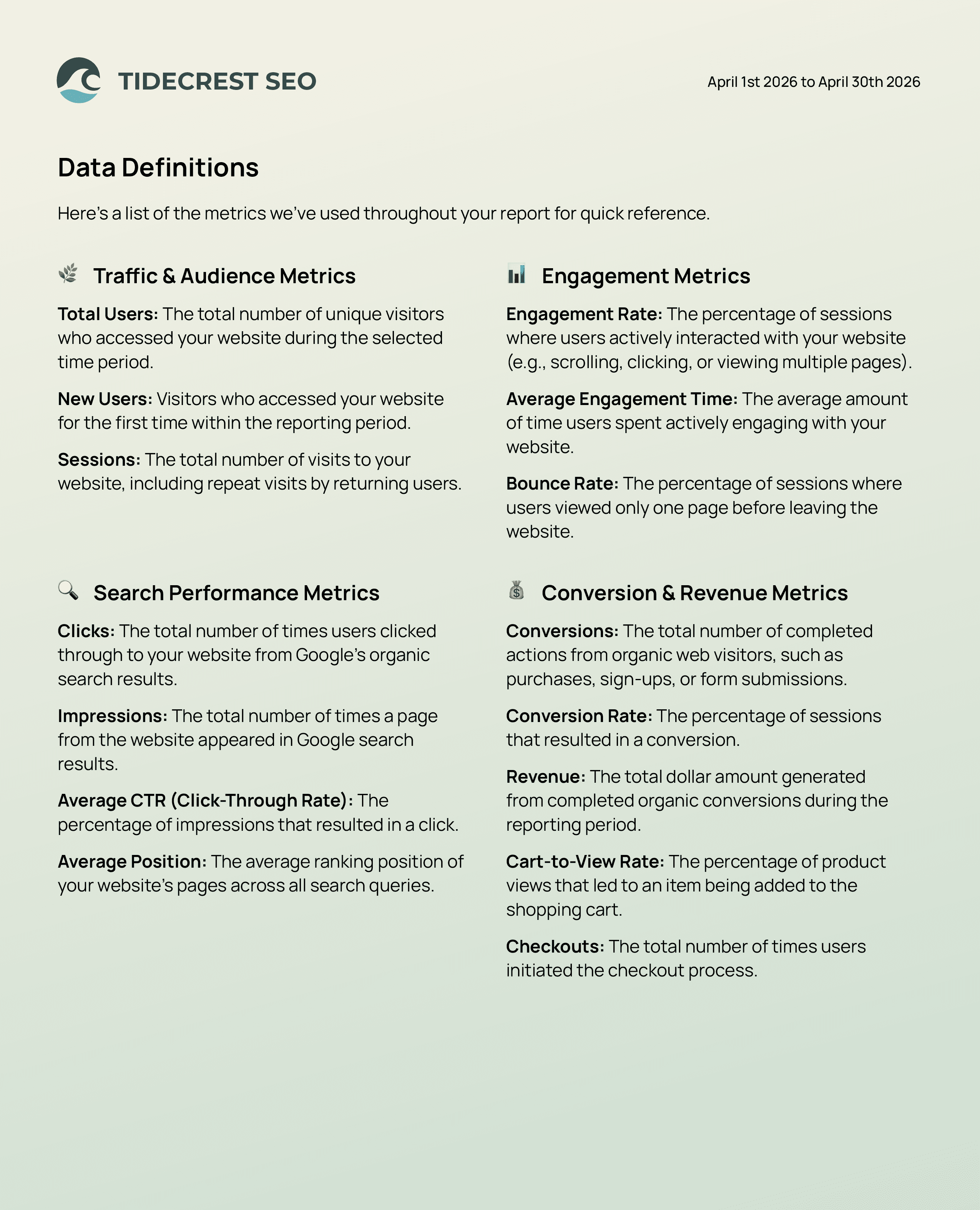 A glossary breaks down key SEO terms and metrics, helping clients better understand the data in your report. Useful for newer or non-technical stakeholders. A glossary breaks down key SEO terms and metrics, helping clients better understand the data in your report. Useful for newer or non-technical stakeholders.