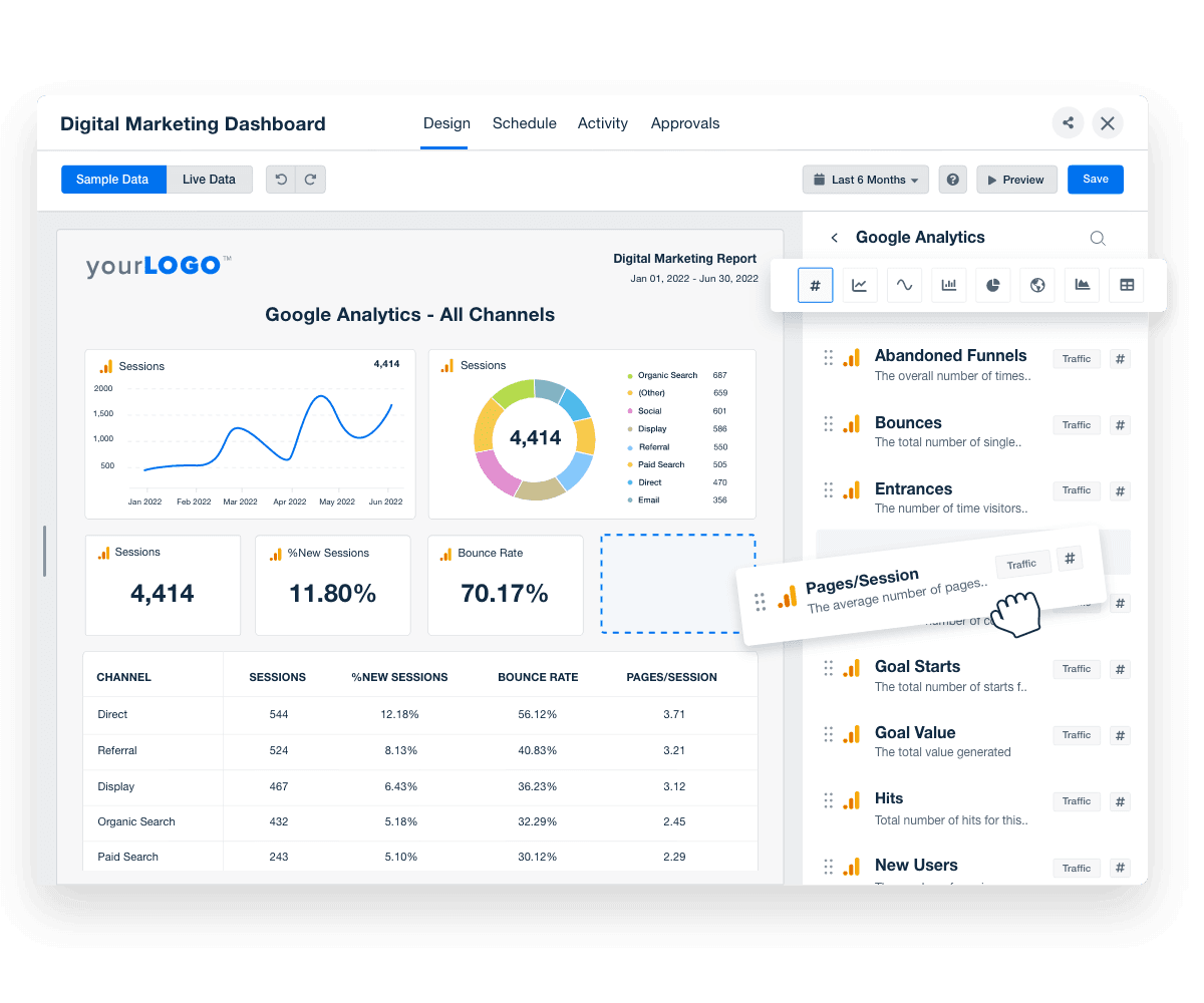 Un ejemplo del creador de dashboards para agencias con función de arrastrar y soltar