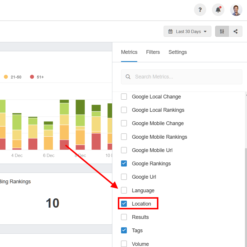 screenshot showing how to filter by location in the GBP dashboard 