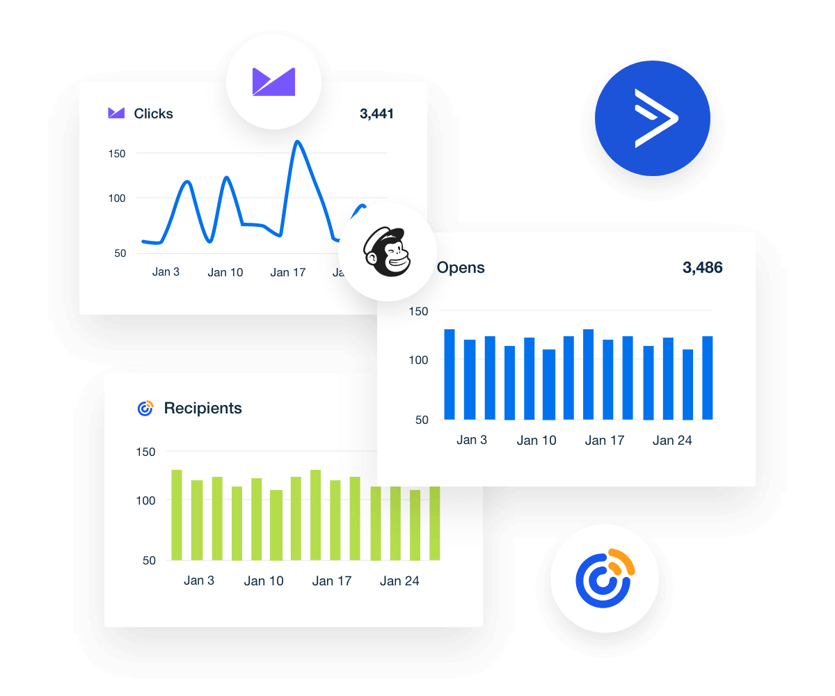 A collage of different engagement metrics accessible through AgencyAnalytics