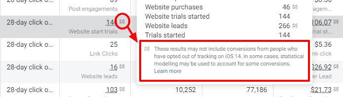 Facebook notice about estimating the number of conversions