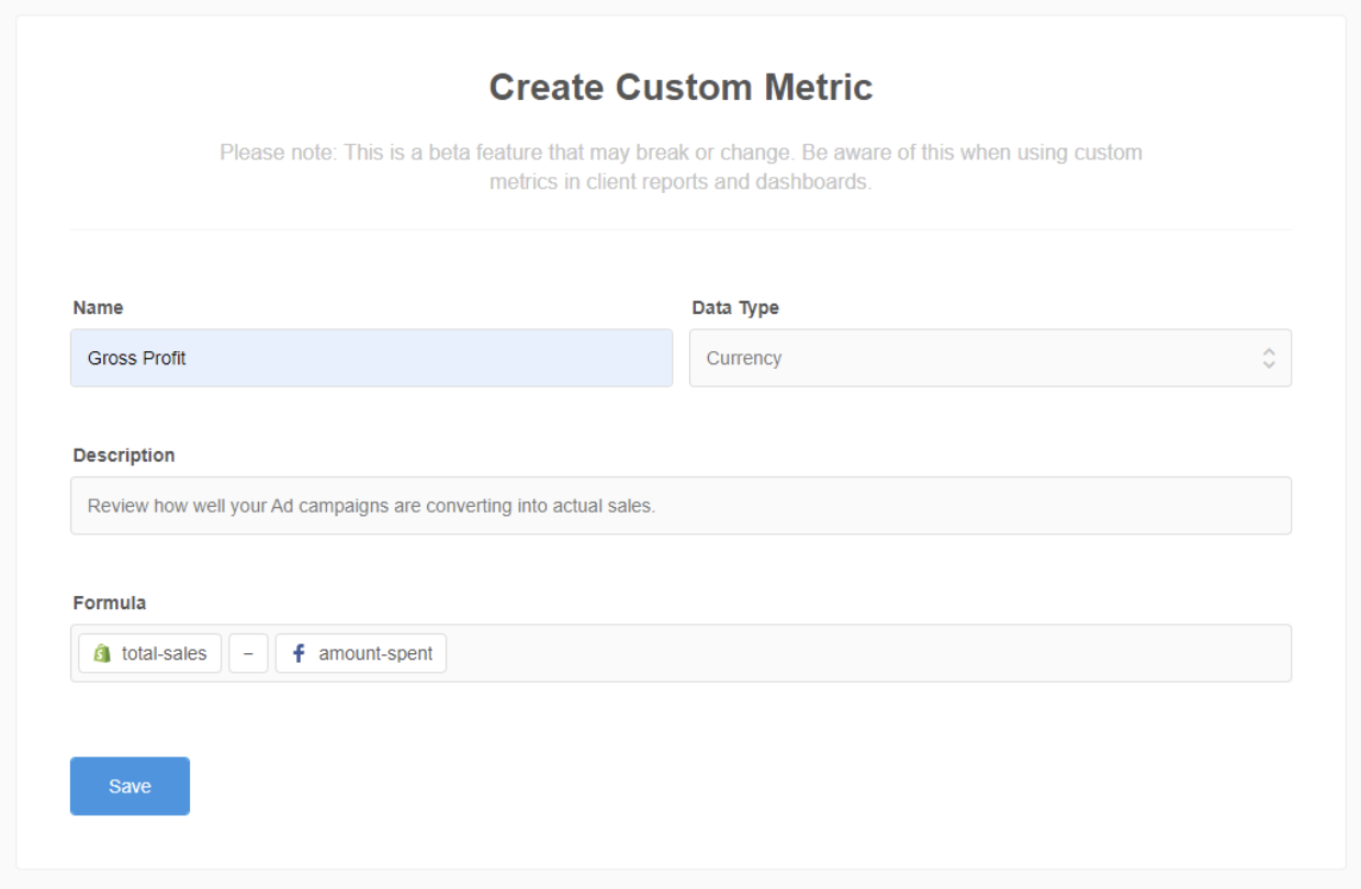 gross profit custom metric gross profit custom metric