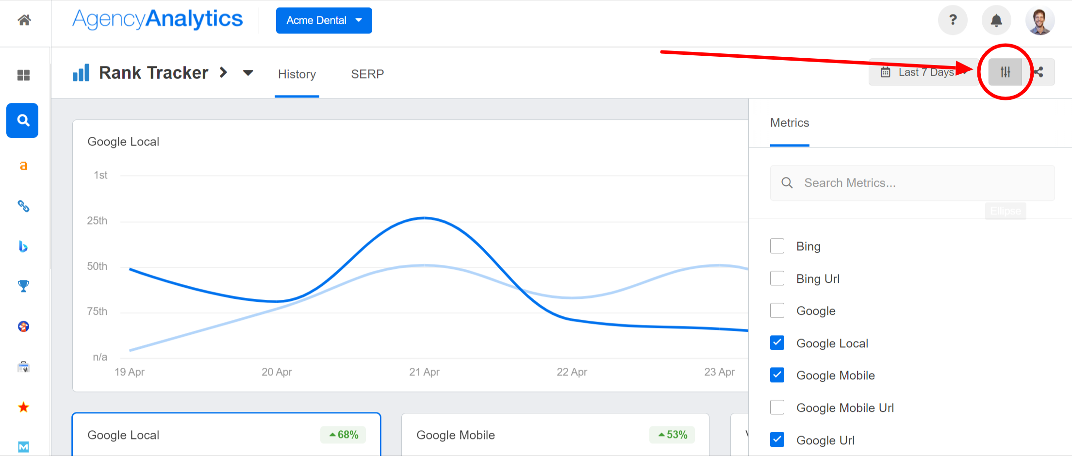 advanced options settings in the ranking history tool