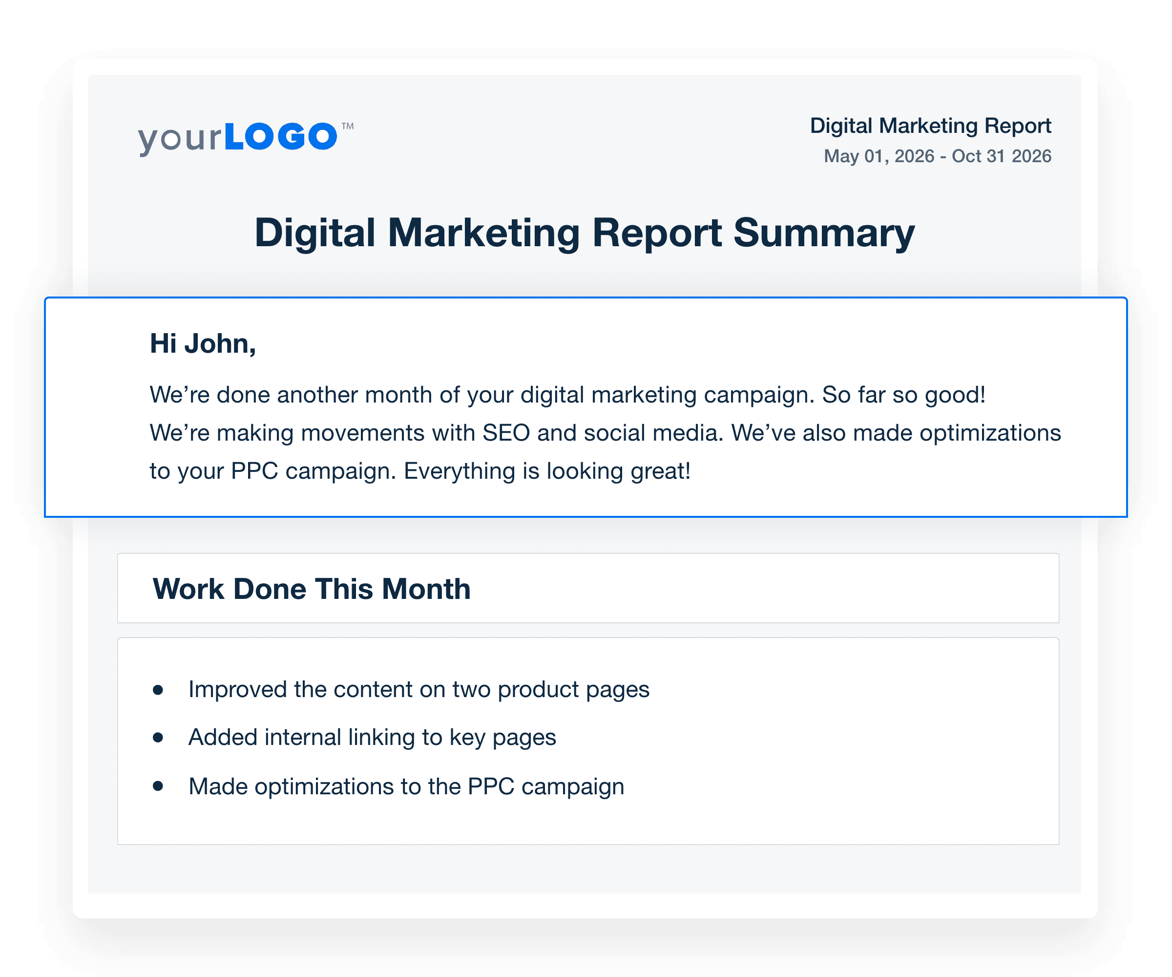 Personnalisez vos rapports marketing client avec des messages détaillés et des actions dans AgencyAnalytics