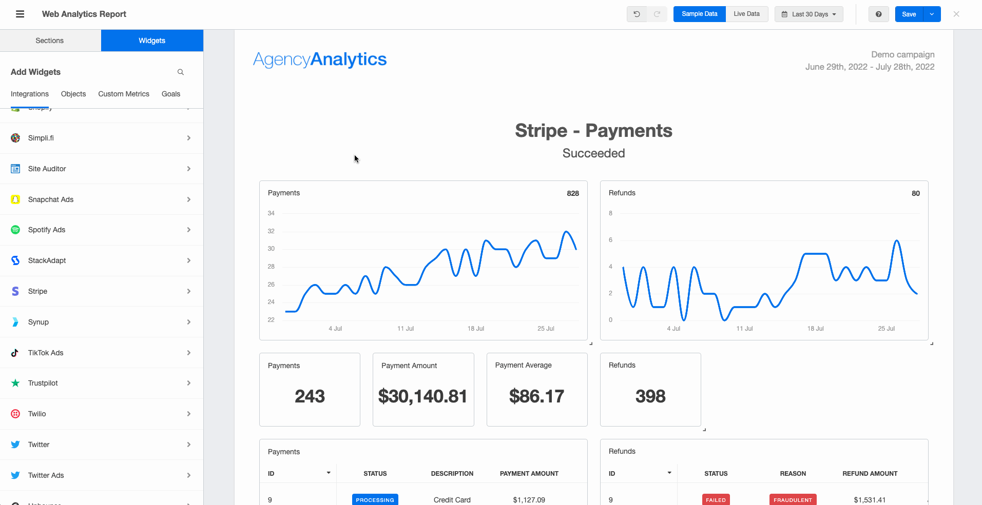 GIF of Stripe metrics being dragged and dropped into a web analytics Report template