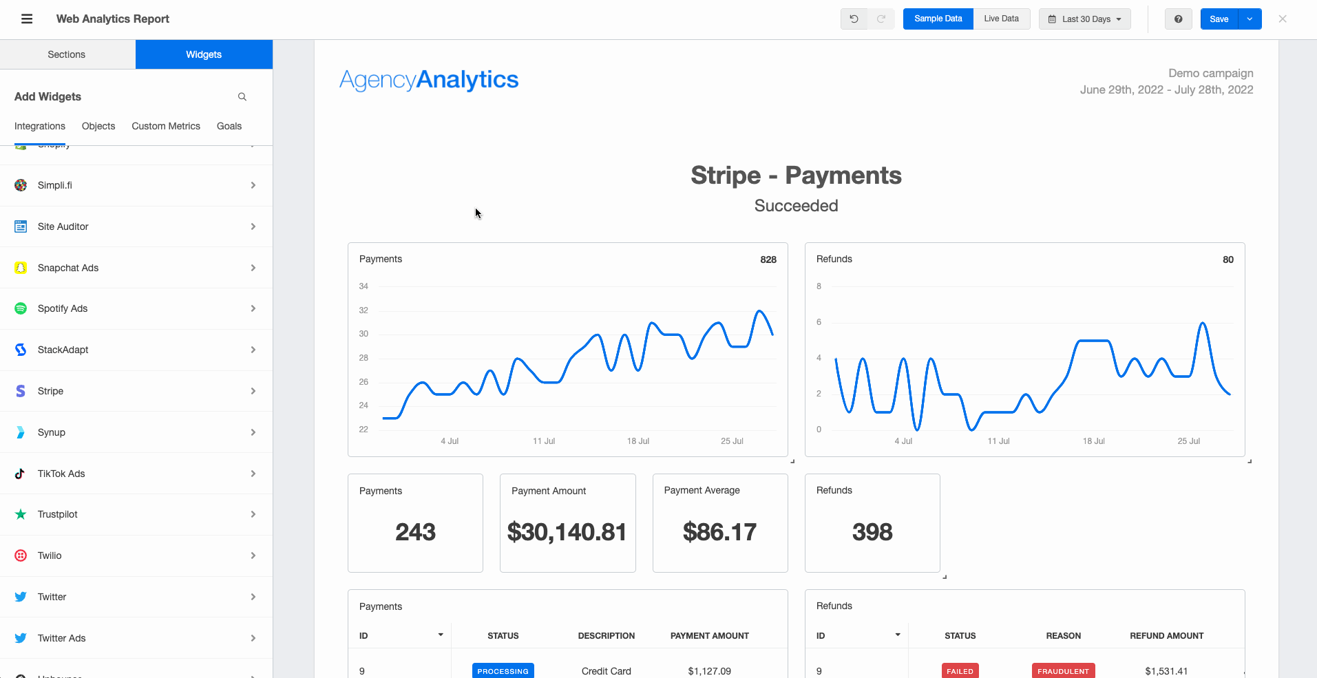GIF of Stripe metrics being dragged and dropped into a web analytics Report template GIF of Stripe metrics being dragged and dropped into a web analytics Report template
