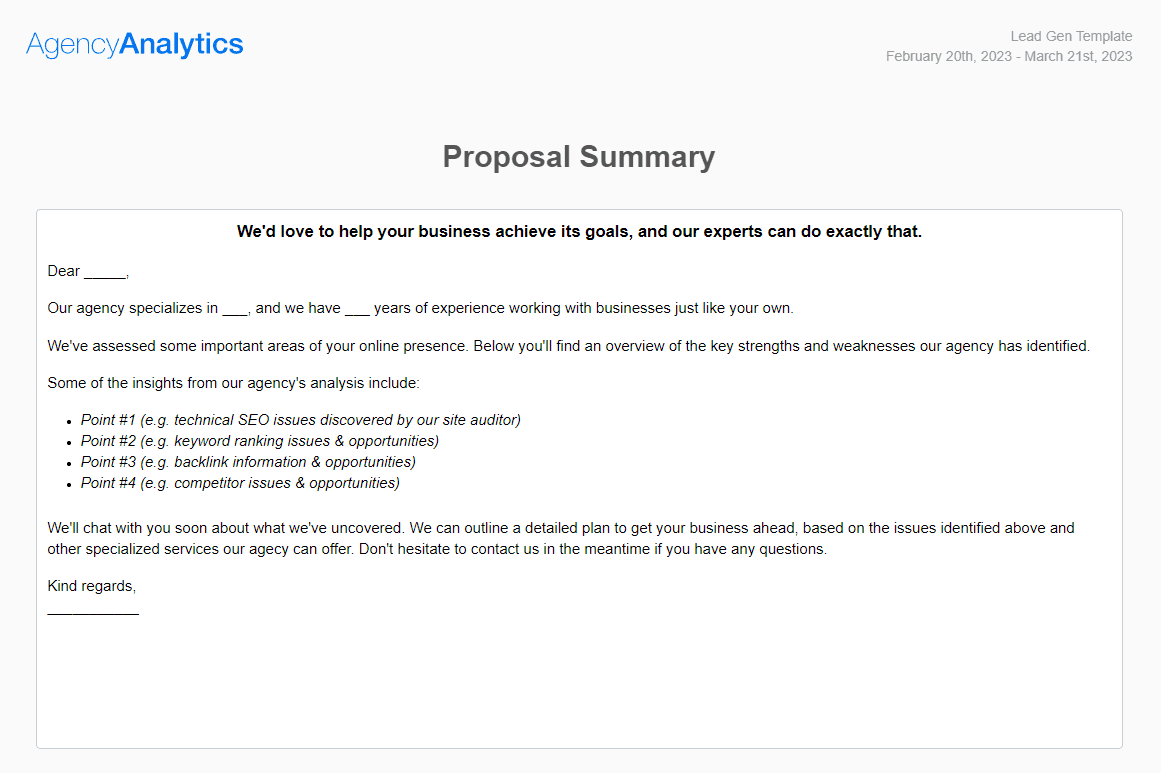 AgencyAnalytics - Proposal Report Summary