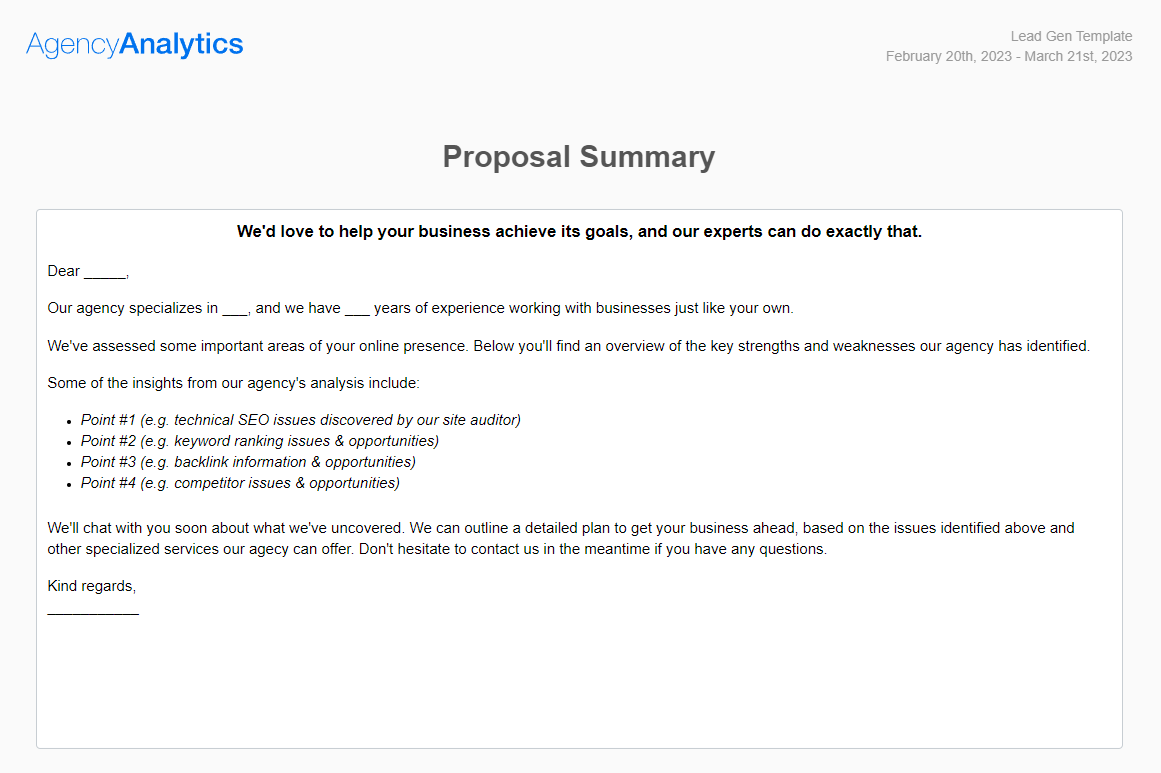 AgencyAnalytics - Proposal Report Summary AgencyAnalytics - Proposal Report Summary