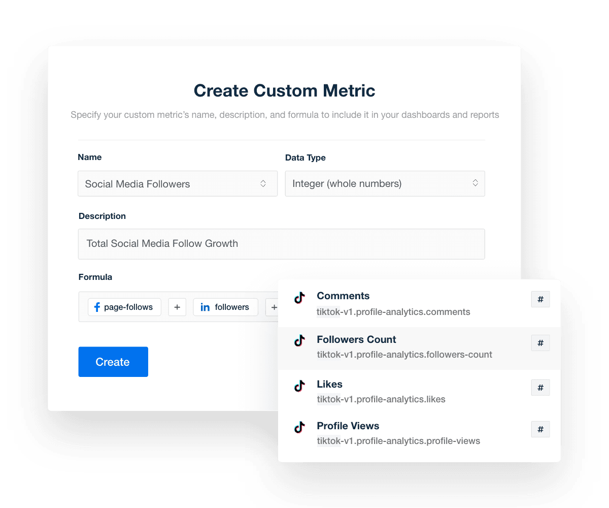 An example of how to combine and report on performance metrics across multiple social media platforms using custom metrics An example of how to combine and report on performance metrics across multiple social media platforms using custom metrics