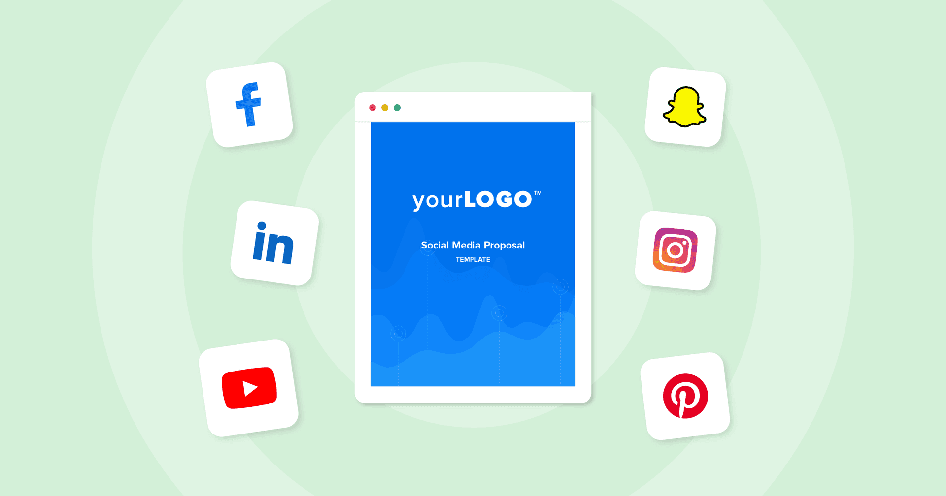Image of a social media proposal template with logos of popular social media platforms
