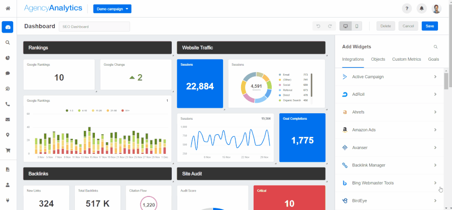 A screenshot of the widget creation tools in AgencyAnalytics