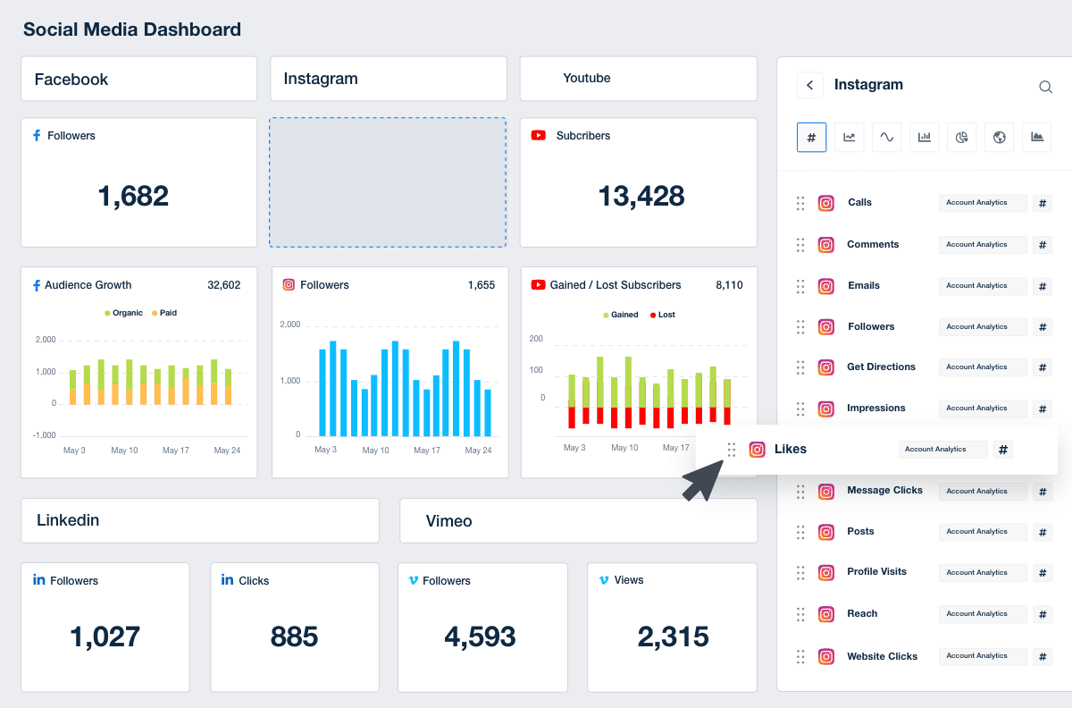 An image showing the drag-and-drop social media report builder for marketing agencies An image showing the drag-and-drop social media report builder for marketing agencies