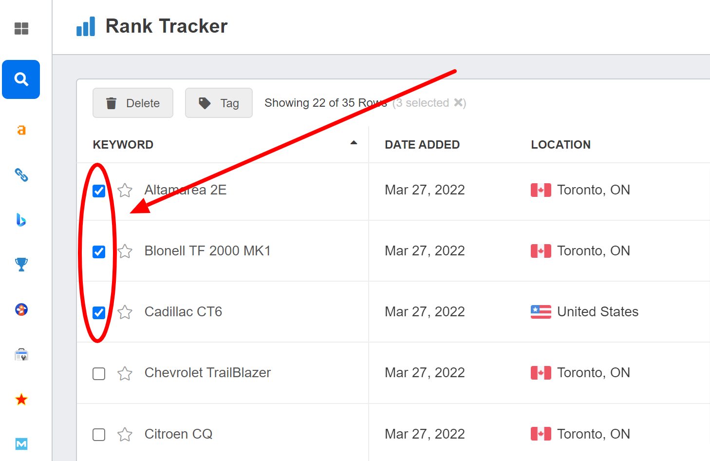 selecting keywords to delete in the keyword ranking history tool selecting keywords to delete in the keyword ranking history tool