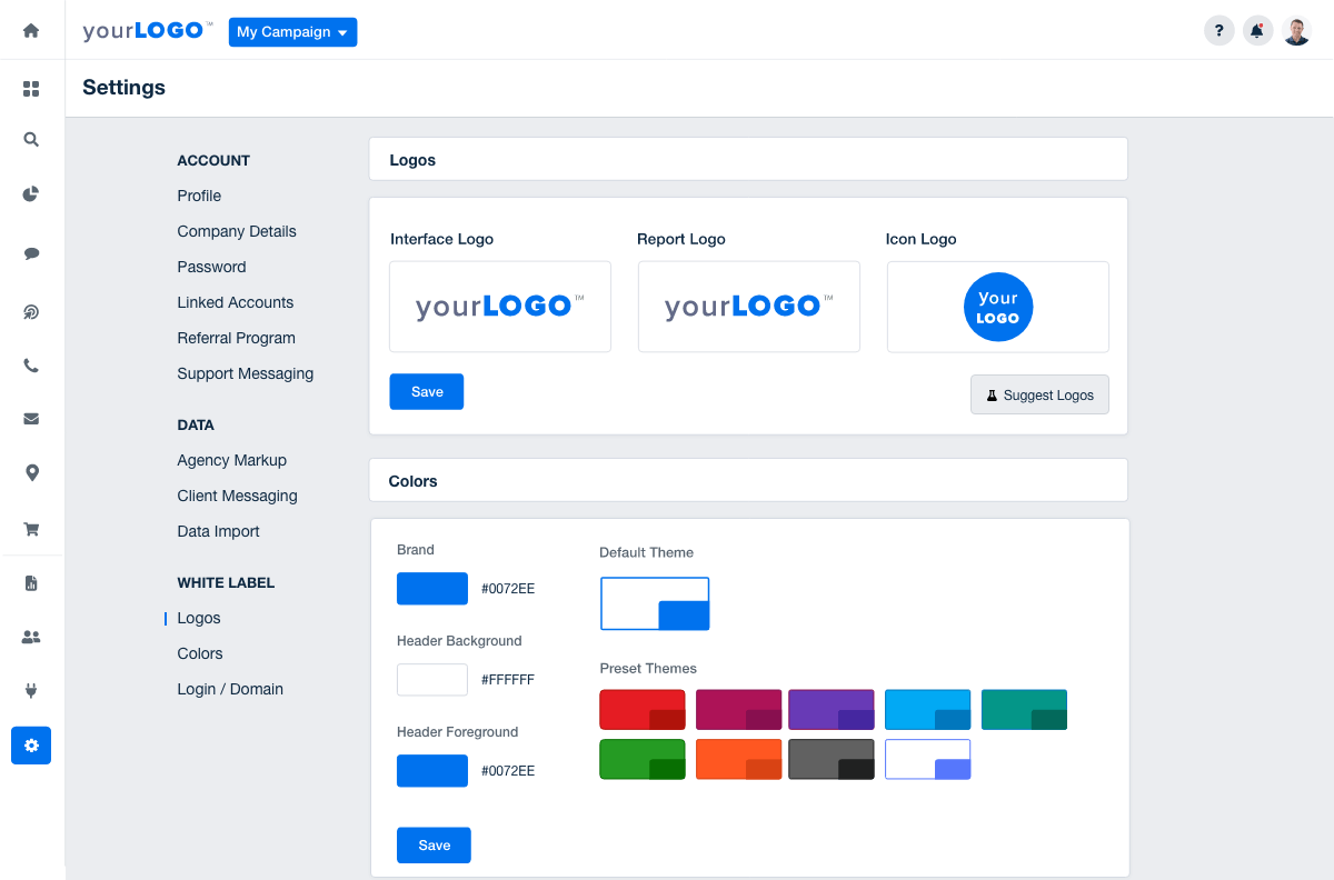 An example of custom white label settings in AgencyAnalytics