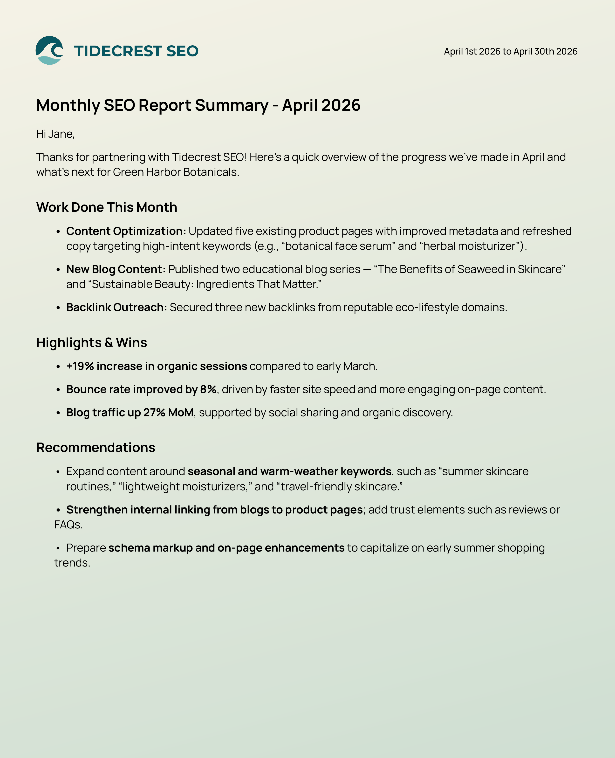 A high-level overview shows your SEO client what was accomplished, how it ties back to goals, and recommendations for next steps. Clients see the impact immediately. A high-level overview shows your SEO client what was accomplished, how it ties back to goals, and recommendations for next steps. Clients see the impact immediately.