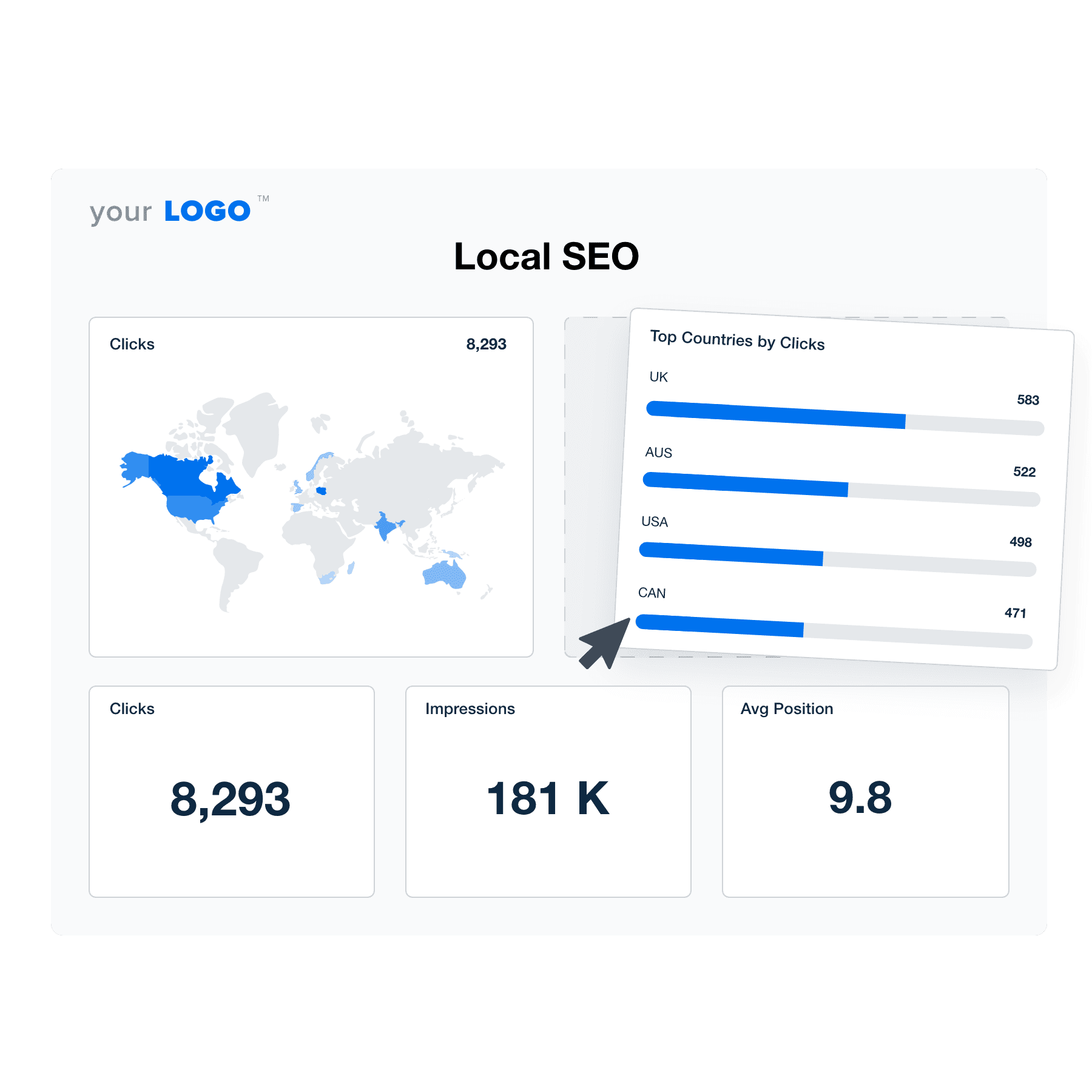 An illustration of the drag-and-drop local SEO report template builder An illustration of the drag-and-drop local SEO report template builder