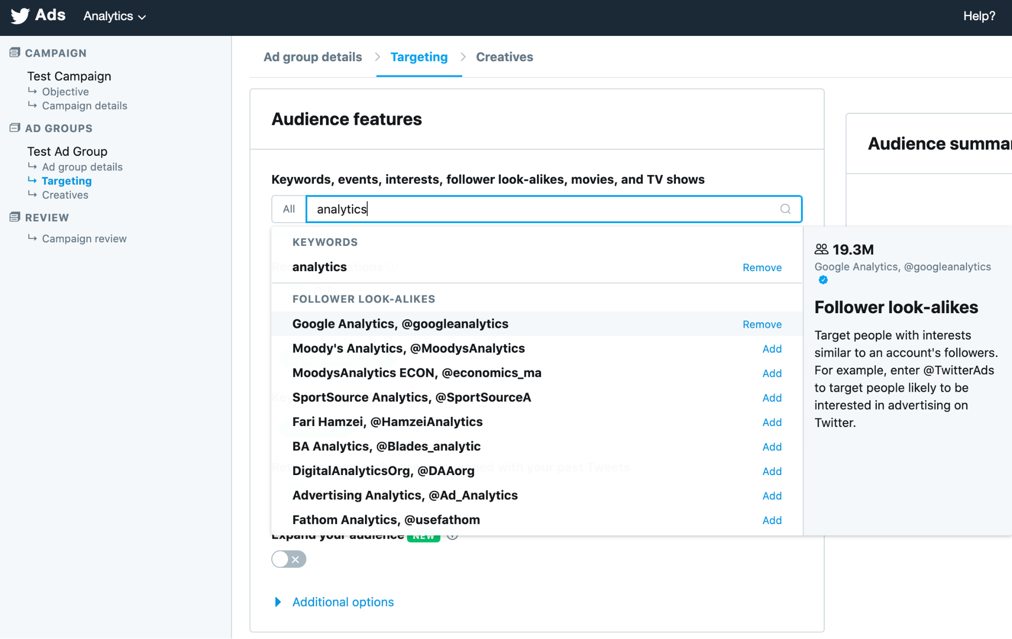 Twitter Ads Audience Features Screenshot Twitter Ads Audience Features Screenshot